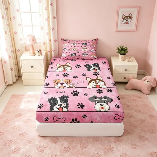 Manfei Pink Dog Fitted Sheet Twin Size Paw Print Kids Bedding Set - Deep Pocket, 2 Pieces