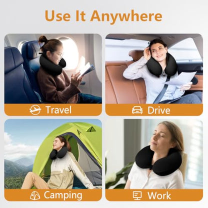 Travel Neck Pillow Memory Foam U Shape Airplane Pillow for Adults - Black