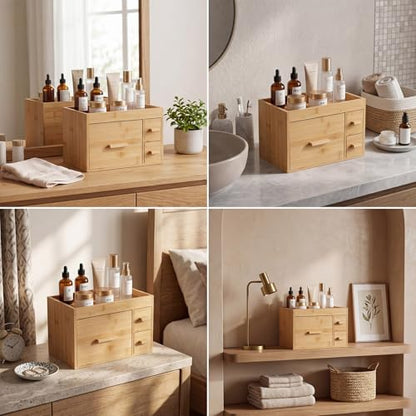 Disposable Face Towel Holder with 3 Drawers - Natural Bamboo Storage Organizer