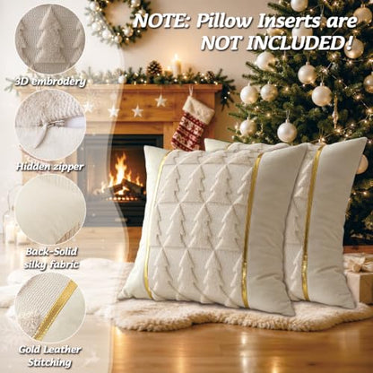Christmas Tree Throw Pillow Covers 18x18 Inch Set of 2 Beige Faux Fur Holiday Decor