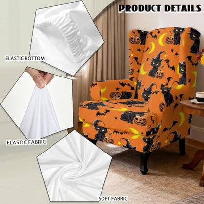 Cat Pumpkin Armchair Slipcover for Wingback Chairs - 2 Piece Set