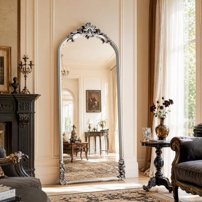 Vintage Arched Floor Mirror 28x69 Inches with Stand - Antique Silver Finish
