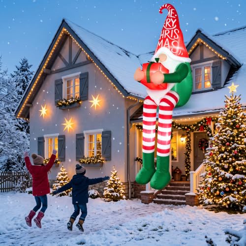 8FT Christmas Inflatable Sitting Gnome Outdoor Decor with LED Lights - Holiday Yard Decoration