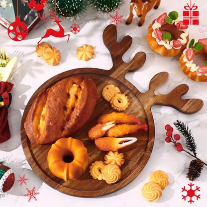6 Pack Christmas Acacia Wood Charcuterie Boards with Deer Antler Handles - 12 Inch