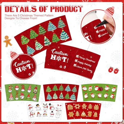 Christmas Paper Cups with Lids & Sleeves 16 oz - Red & Green Stripe, 100 Sets
