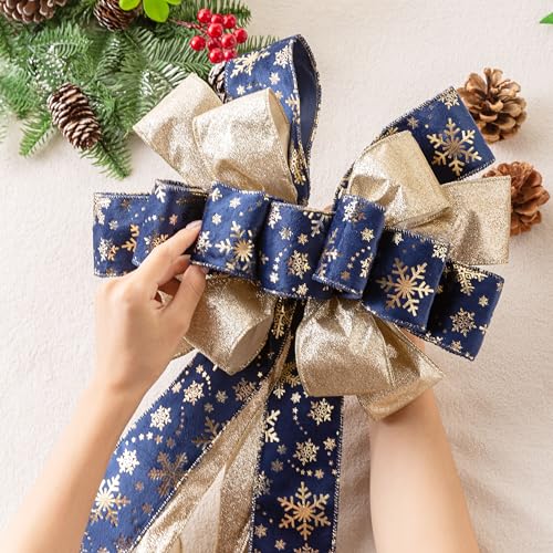 Christmas Tree Topper Bow with Glitter Satin Mesh and Patterned Ribbon - Blue Golden, 40x13 Inches