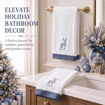 Chinoiserie Reindeer Hand Towels - Blue and White Christmas Decor, Set of 2