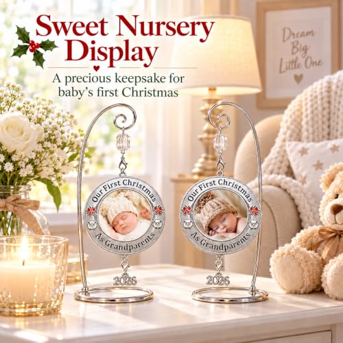 Medium Set of 2 Christmas Photo Ornaments - Our First Grandparents 2026 with Red Bow & Lamb Accents