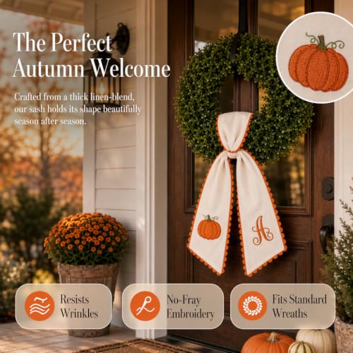 Medium Halloween Wreath Sash Decor with Embroidered Pumpkin & Initial - Fall Seasonal Accent