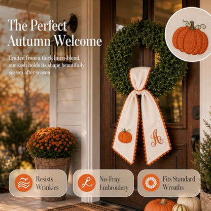 Medium Halloween Wreath Sash Decor with Embroidered Pumpkin & Initial - Fall Seasonal Accent