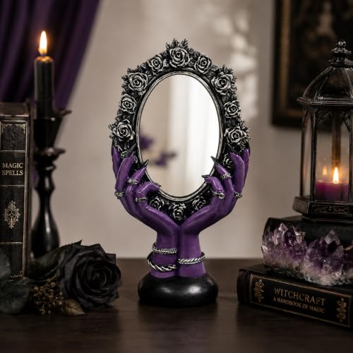Purple Gothic Vanity Mirror with Witchy Hands and Black Rose Frame - Spooky Home Decor