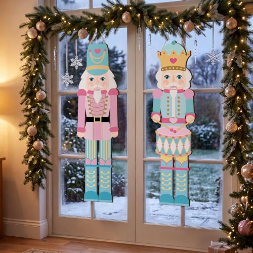 Pastel Christmas Nutcracker Door Sign Set - Pink Wooden Holiday Decorations