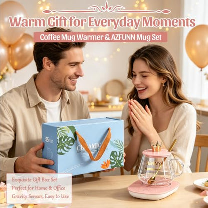 Pink Heated Mug Set with Glass Mug, Auto On/Off Coffee Warmer & Gift Box