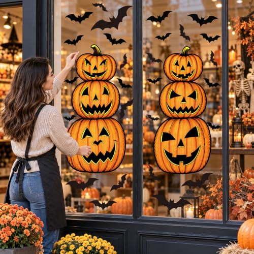 Halloween Window Clings Set - Extra Large Spooky Pumpkin and Bat Designs