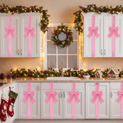 Pink Velvet Christmas Cabinet Bows Ribbons - 8 Pack, 78.7" Length, Easy Hook Installation