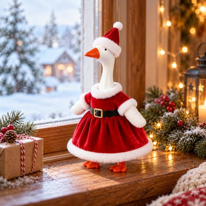 7 Inch Desktop Goose Figurine with Christmas Dress - Funny Mini Desk Decor