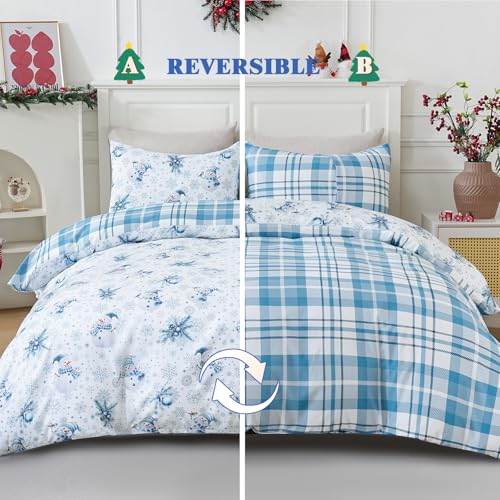 King Size Christmas Snowman Duvet Cover Set with Pillow Shams - Reversible Plaid Holiday Bedding, Blue Variation