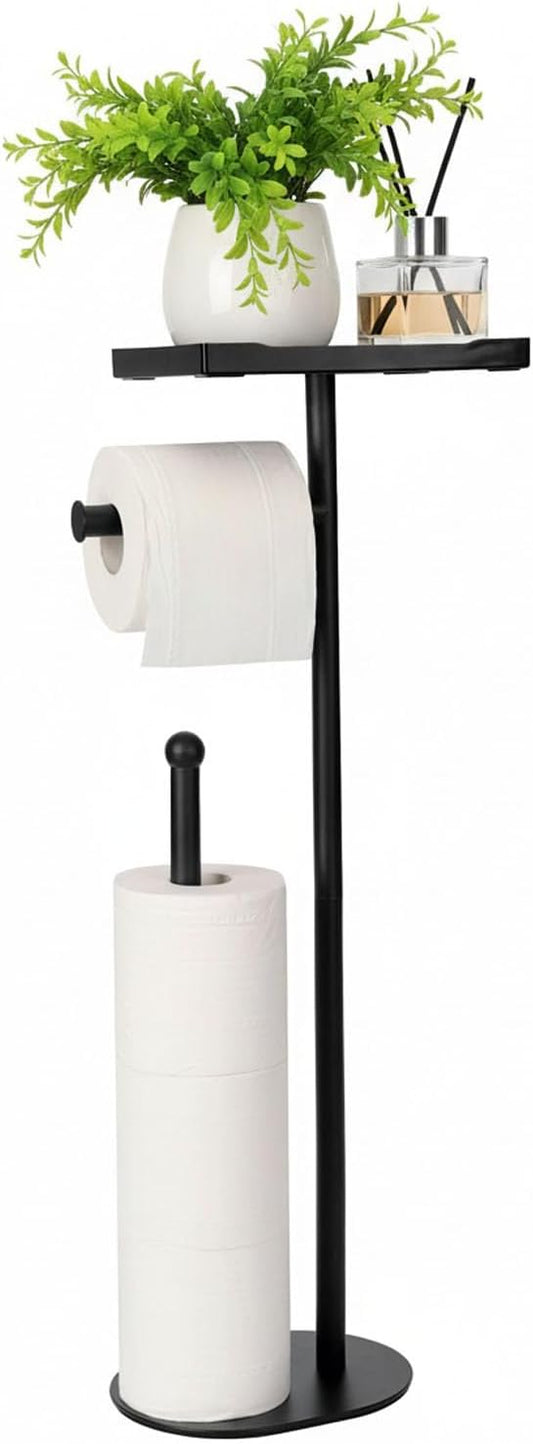 Skiennix Free Standing Toilet Paper Holder - Sturdy Black Tissue Roll Stand with Phone Shelf, Holds 5 Rolls