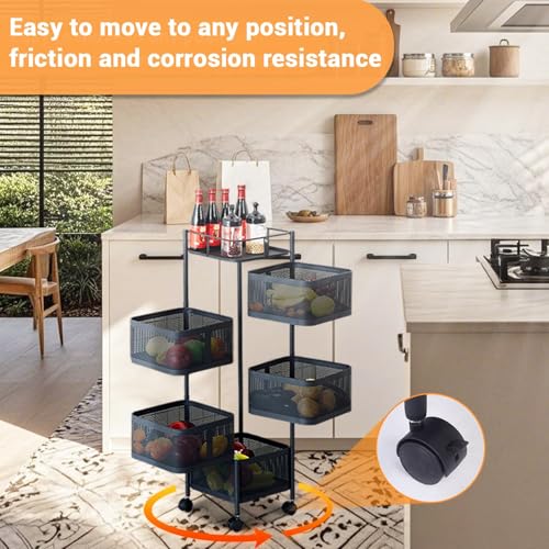 Black 5-Tier Metal Mesh Kitchen Storage Cart with Rotating Baskets & Wheels
