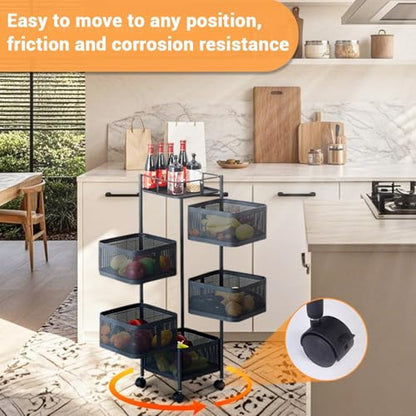Black 5-Tier Metal Mesh Kitchen Storage Cart with Rotating Baskets & Wheels