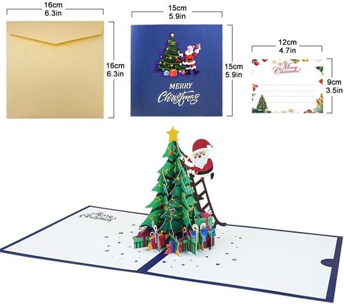 3D Christmas Tree Pop-Up Card - Merry Christmas Design with Santa Claus | Includes Envelope & Message Note