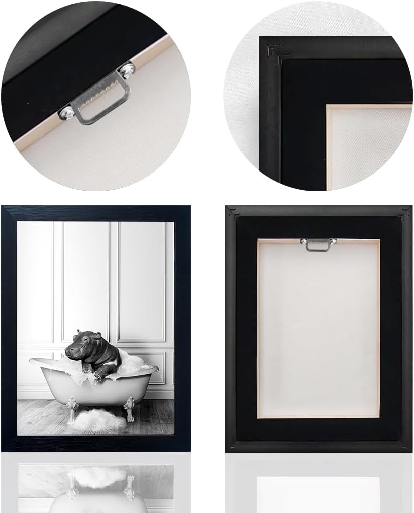 Skiennix Framed Bathroom Decor - Cute Black and White Hippo in Bathtub Canvas Print | Wall Art for Home