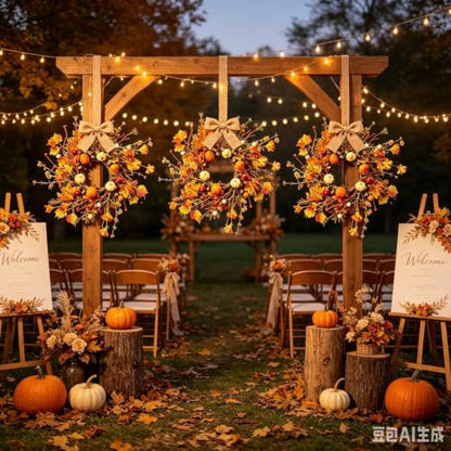 Fall Multi Mini Hanging Wreaths with Maple Leaves Pumpkins Berries Burlap Bow - Set of 4