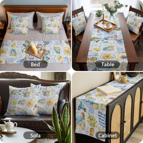 Summer Village Bed Runner & Pillow Cover Set Coastal Blue Lemon Yellow 102"