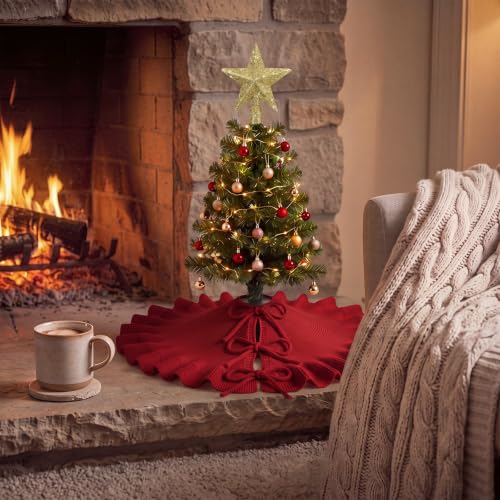 Red Knitted Mini Christmas Tree Skirt 18" with Gold Star Tree Topper - Holiday Decor