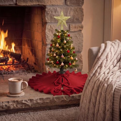 Red Knitted Mini Christmas Tree Skirt 18" with Gold Star Tree Topper - Holiday Decor