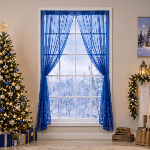 Blue Sheer Curtain with Star Pattern and String Lights for Nursery and Bedroom Decor