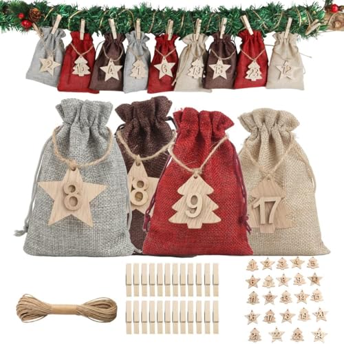 Christmas Advent Calendar Bags 24 Days DIY Countdown Hanging Decor Burlap Gift Bags