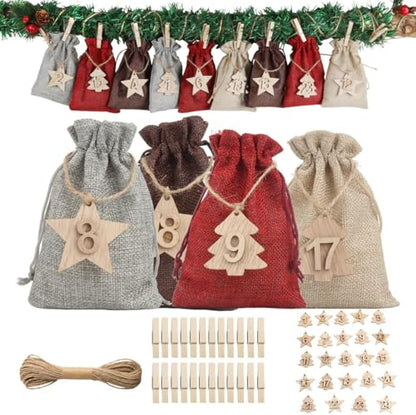 Christmas Advent Calendar Bags 24 Days DIY Countdown Hanging Decor Burlap Gift Bags