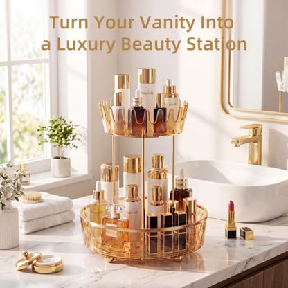 Transparent Gold 2-Tier Rotating Makeup Organizer for Vanity & Bathroom