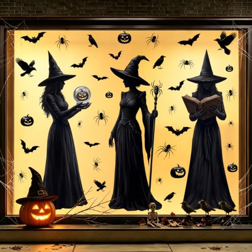 Halloween Witch Window Clings Set - Large 3 Sheets 49 Pieces, Reusable Decals