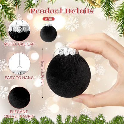 Black Velvet Christmas Ornaments Set - 30 Pcs 2.36 Inch Holiday Decor