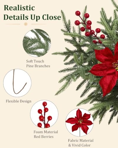 12Pcs Christmas Norfolk Pine Stems with Red Berries & Poinsettia Decorative Branches