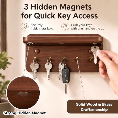 Solid Wood Wall Key Holder with Brass Hooks & Hidden Magnets, Organize Entryway