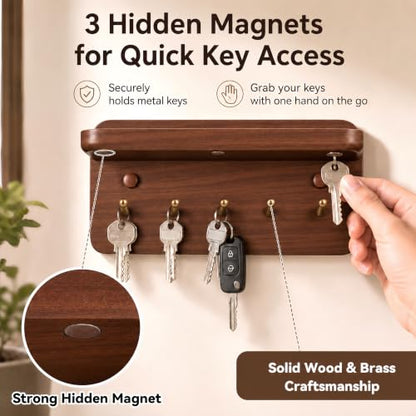 Solid Wood Wall Key Holder with Brass Hooks & Hidden Magnets, Organize Entryway