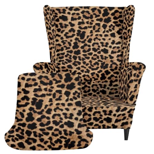 Leopard Print Wingback Chair Cover Set of 2 Brown Washable Elastic Furniture Protector