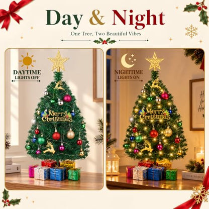 Mini Christmas Tree with Lights - 2 Ft Tabletop Holiday Tree Set of 2, Green
