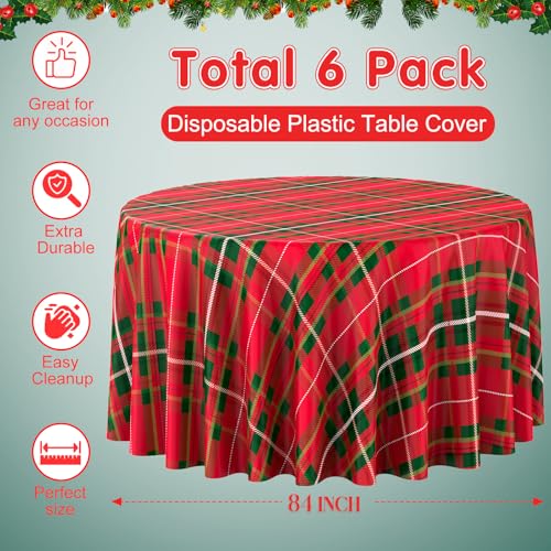 6 Pack Christmas Checkered Plaid Disposable Round Tablecloths - 84 Inches, Dark Red & Green