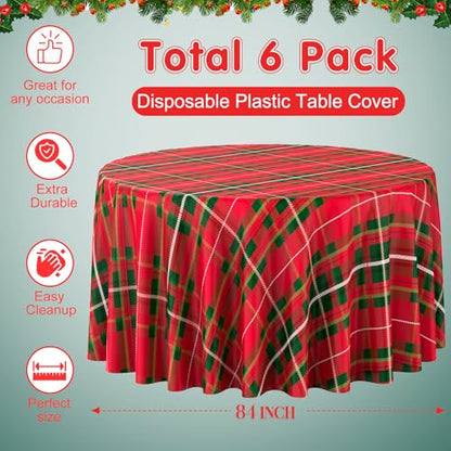 6 Pack Christmas Checkered Plaid Disposable Round Tablecloths - 84 Inches, Dark Red & Green