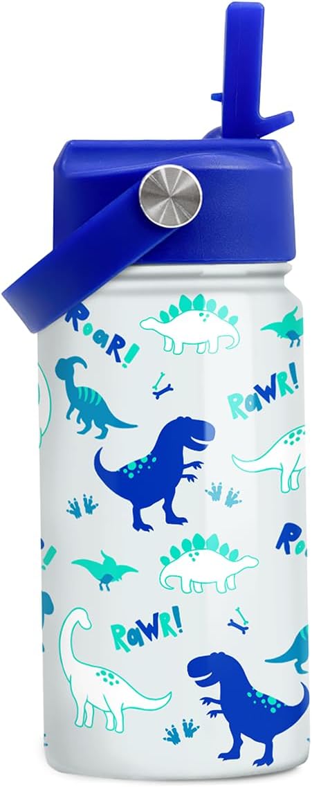 SANDJEST Dinosaur Insulated Stainless Steel Water Bottle - 12 oz Thermos for Kids & Teens | Perfect for School & Sports