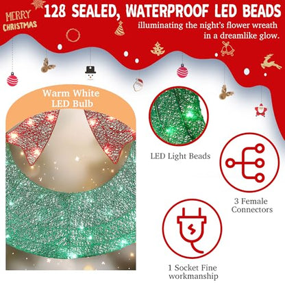 36-Inch Outdoor Christmas Wreath with 128 LED Lights and Bow - All Weather Yard Decor