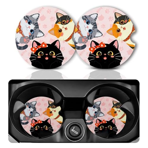Pink Paws Cat Car Coasters Set of 2 - Absorbent Ceramic with Non-Slip Cork Base, Cute Car Accessories