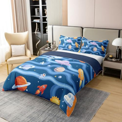 Space Planet Rocket Twin Cotton Duvet Cover Set - Blue Variation
