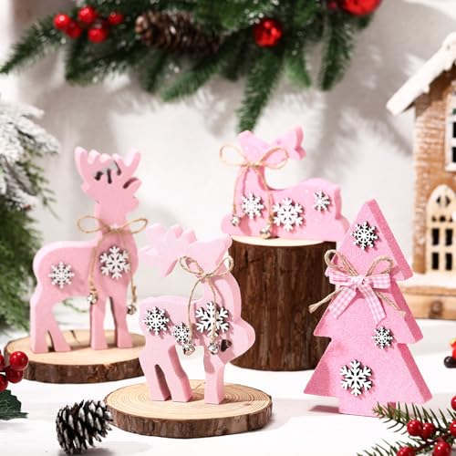 Pink Christmas Reindeer & Tree Wooden Tabletop Decorations - Set of 4