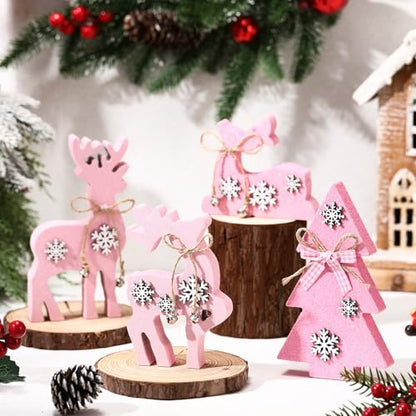 Pink Christmas Reindeer & Tree Wooden Tabletop Decorations - Set of 4