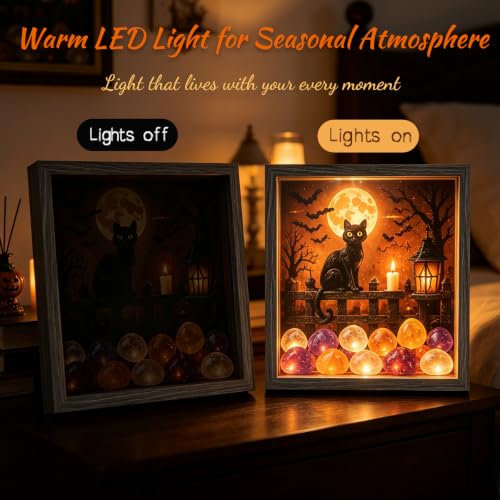 Lighted Shadow Box Frame DIY Craft Kit with LED, Rustic Wood, Sea Stones, Black Cat Halloween Decor